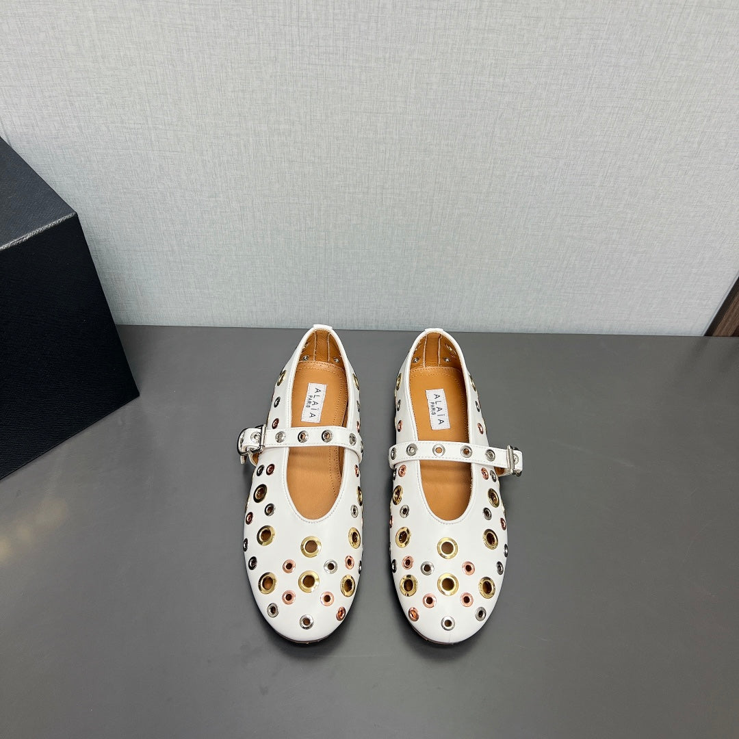 ALAIA MARY JANE SHOES IN WHITE LAMBSKIN GOLD MIX SILVER HARDWARE - 35