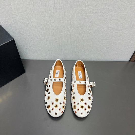 ALAIA MARY JANE SHOES IN WHITE LAMBSKIN GOLD MIX SILVER HARDWARE - 35