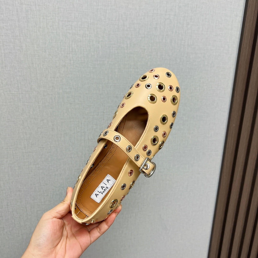 ALAIA MARY JANE SHOES IN BEIGE CREAM LAMBSKIN GOLD MIX SILVER HARDWARE - 35