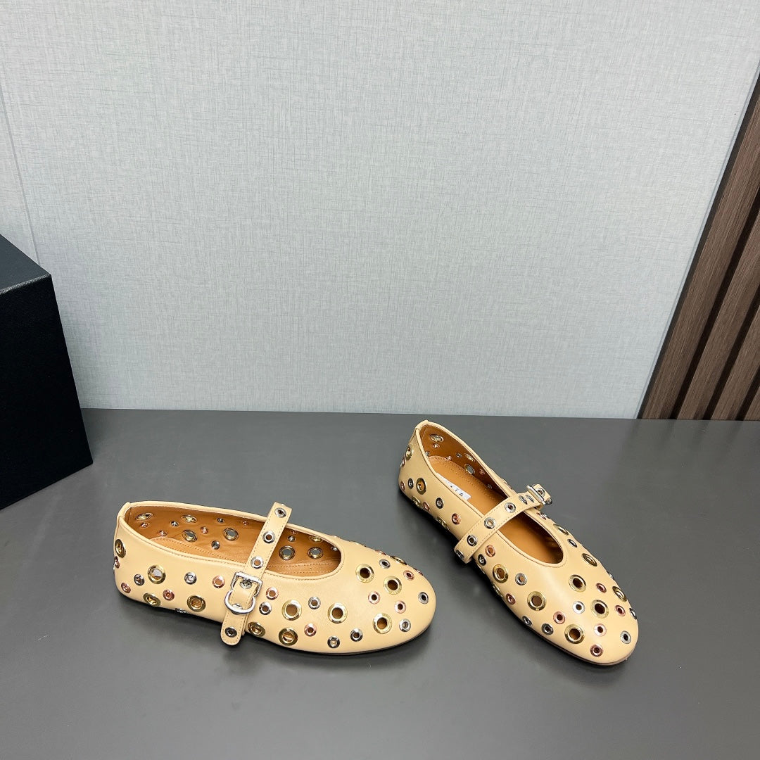 ALAIA MARY JANE SHOES IN BEIGE CREAM LAMBSKIN GOLD MIX SILVER HARDWARE - 35