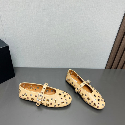ALAIA MARY JANE SHOES IN BEIGE CREAM LAMBSKIN GOLD MIX SILVER HARDWARE - 35