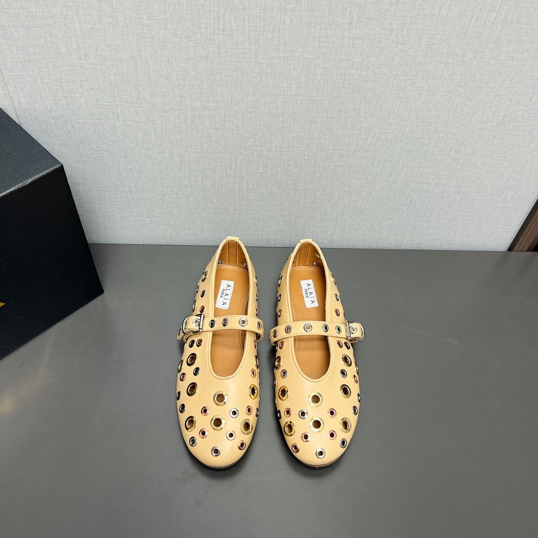 ALAIA MARY JANE SHOES IN BEIGE CREAM LAMBSKIN GOLD MIX SILVER HARDWARE - 35