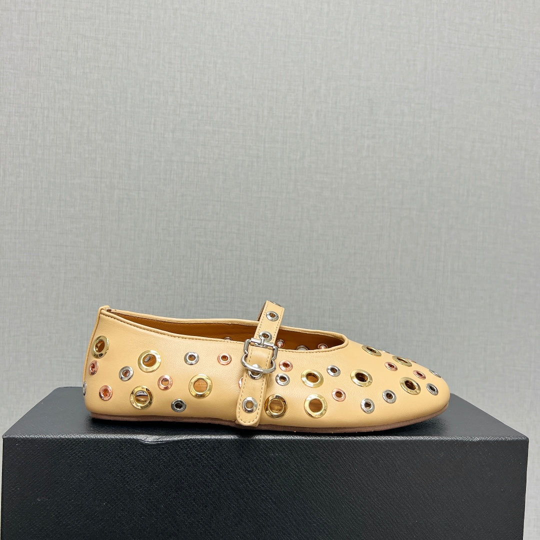 ALAIA MARY JANE SHOES IN BEIGE CREAM LAMBSKIN GOLD MIX SILVER HARDWARE - 35
