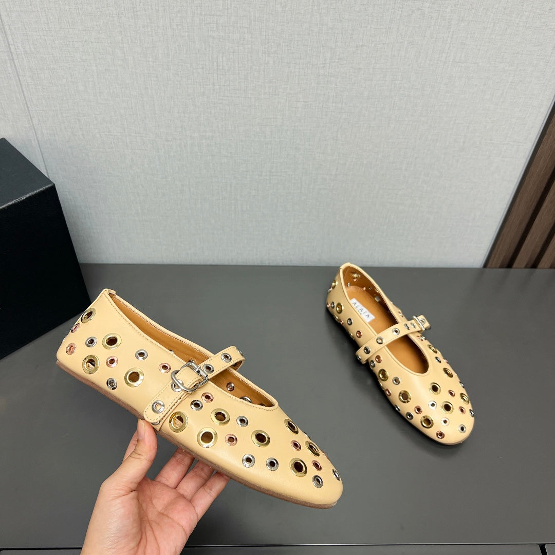 ALAIA MARY JANE SHOES IN BEIGE CREAM LAMBSKIN GOLD MIX SILVER HARDWARE - 35
