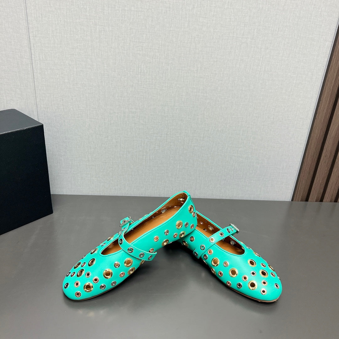 ALAIA MARY JANE SHOES IN GREEN MINT LAMBSKIN GOLD MIX SILVER HARDWARE - 35