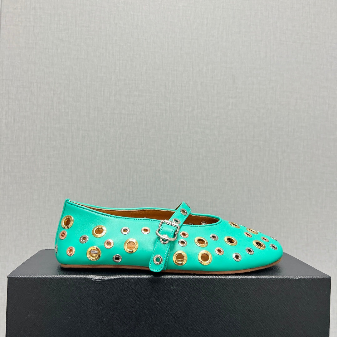 ALAIA MARY JANE SHOES IN GREEN MINT LAMBSKIN GOLD MIX SILVER HARDWARE - 35