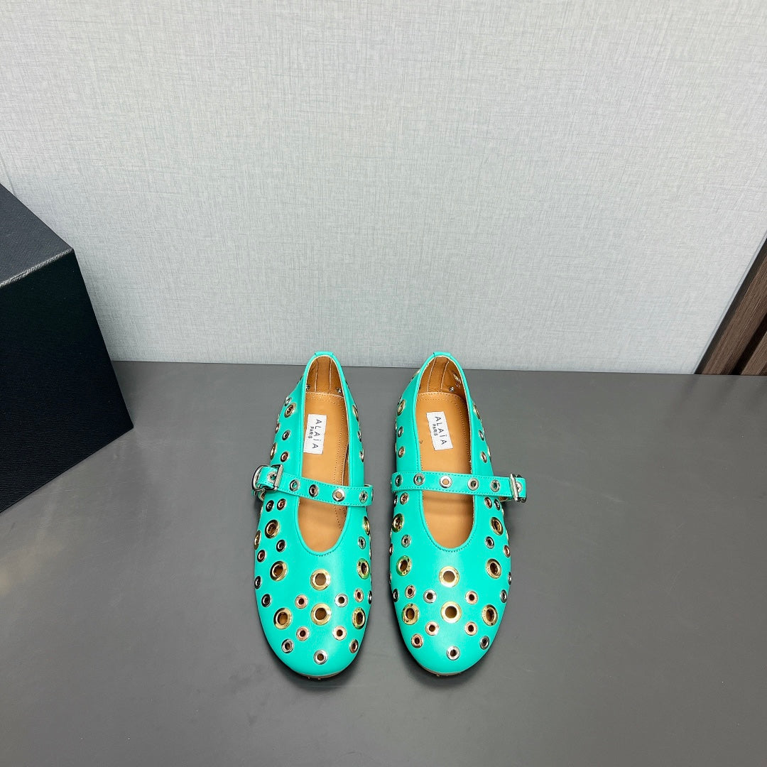 ALAIA MARY JANE SHOES IN GREEN MINT LAMBSKIN GOLD MIX SILVER HARDWARE - 35
