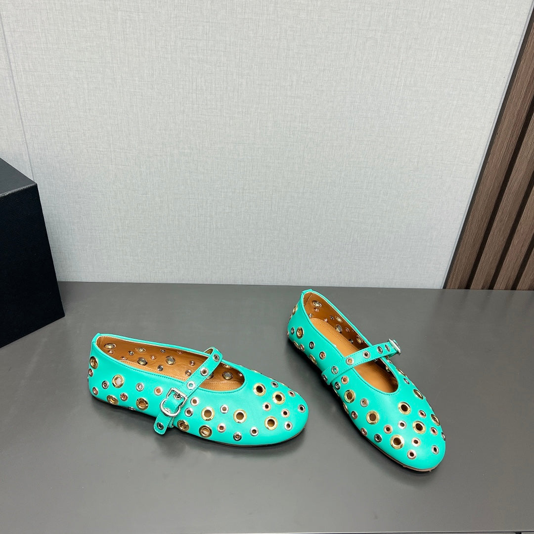 ALAIA MARY JANE SHOES IN GREEN MINT LAMBSKIN GOLD MIX SILVER HARDWARE - 35