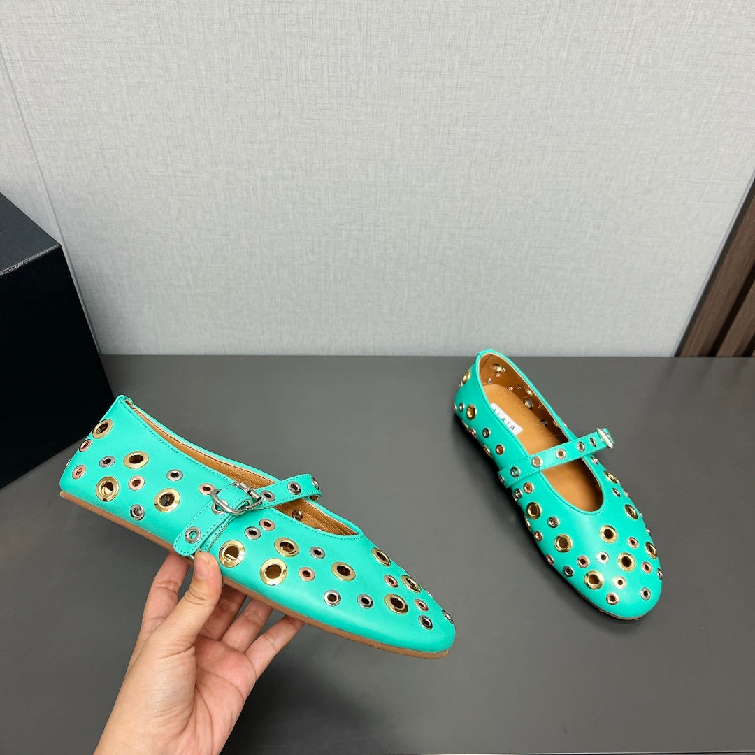 ALAIA MARY JANE SHOES IN GREEN MINT LAMBSKIN GOLD MIX SILVER HARDWARE - 35