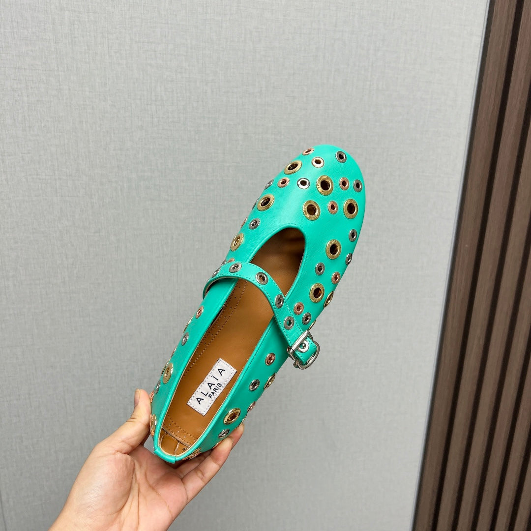 ALAIA MARY JANE SHOES IN GREEN MINT LAMBSKIN GOLD MIX SILVER HARDWARE - 35