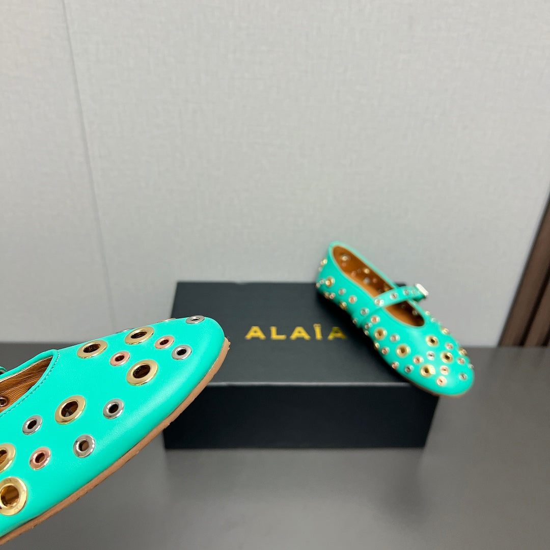 ALAIA MARY JANE SHOES IN GREEN MINT LAMBSKIN GOLD MIX SILVER HARDWARE - 35