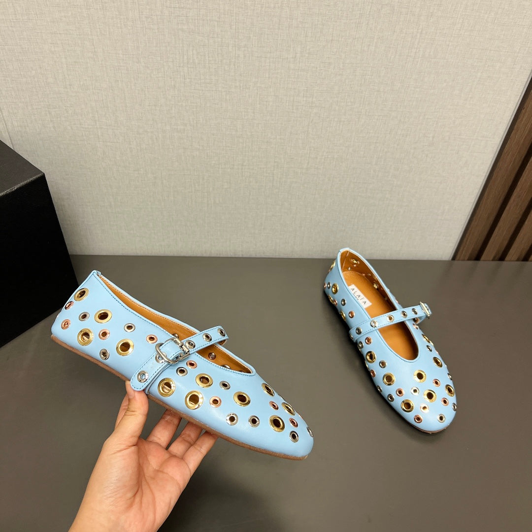 ALAIA MARY JANE SHOES IN LIGHT BLUE LAMBSKIN GOLD MIX SILVER HARDWARE - 35