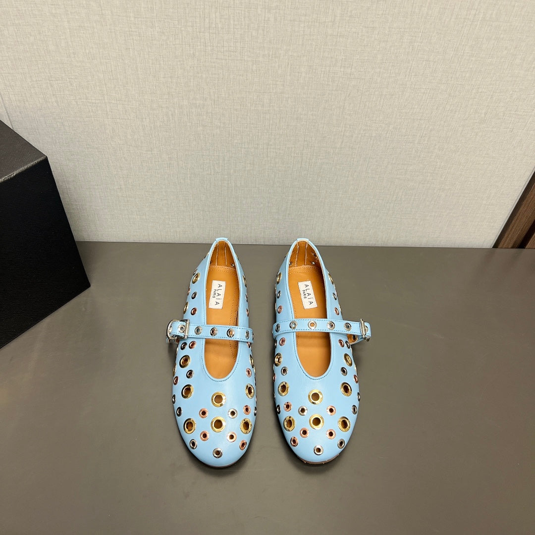 ALAIA MARY JANE SHOES IN LIGHT BLUE LAMBSKIN GOLD MIX SILVER HARDWARE - 35