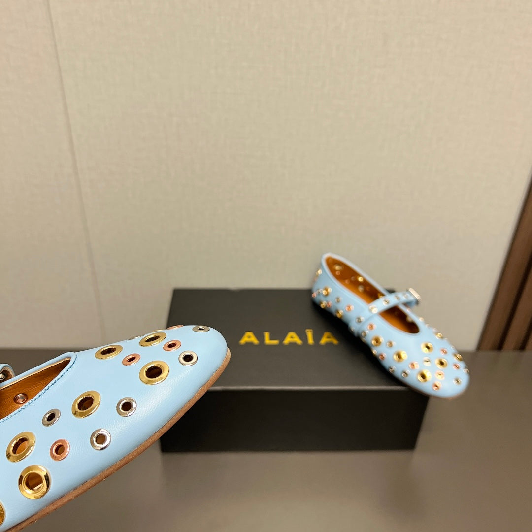 ALAIA MARY JANE SHOES IN LIGHT BLUE LAMBSKIN GOLD MIX SILVER HARDWARE - 35