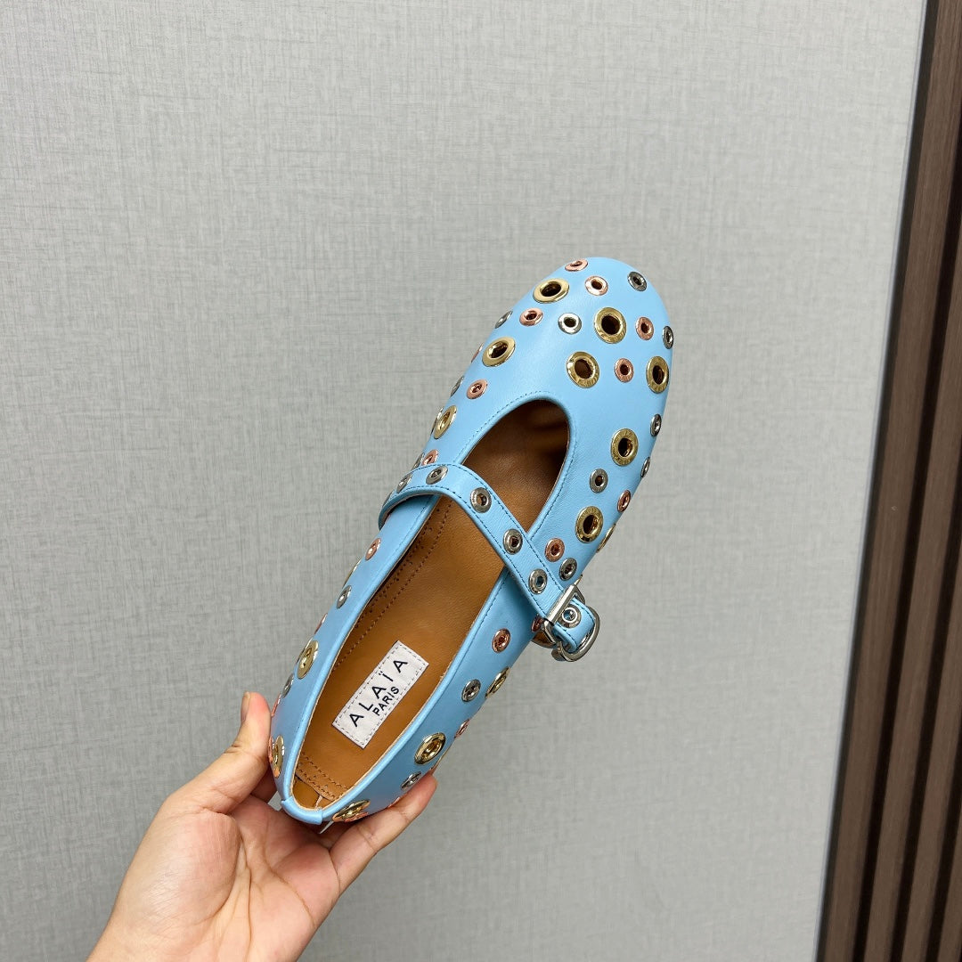 ALAIA MARY JANE SHOES IN LIGHT BLUE LAMBSKIN GOLD MIX SILVER HARDWARE - 35