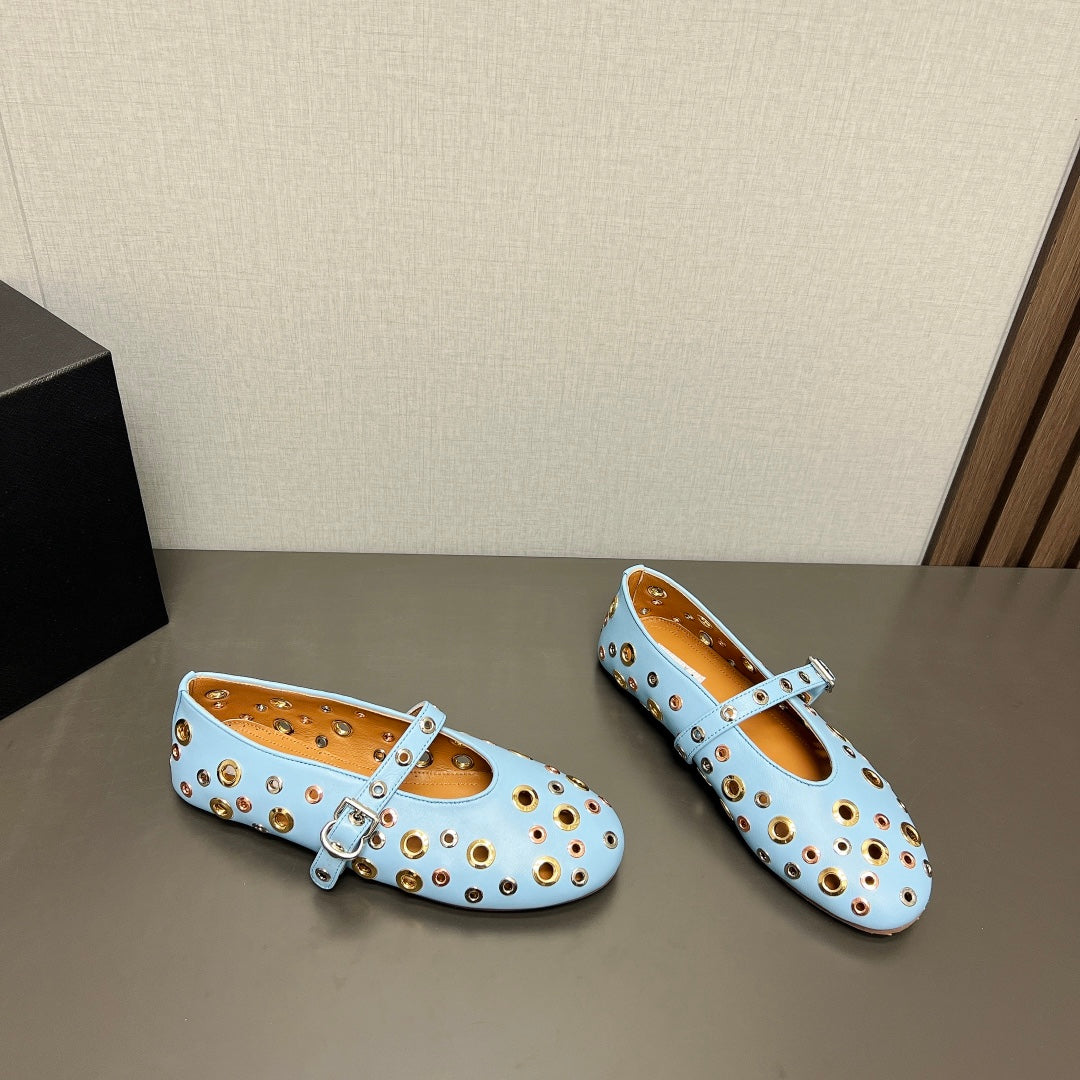 ALAIA MARY JANE SHOES IN LIGHT BLUE LAMBSKIN GOLD MIX SILVER HARDWARE - 35