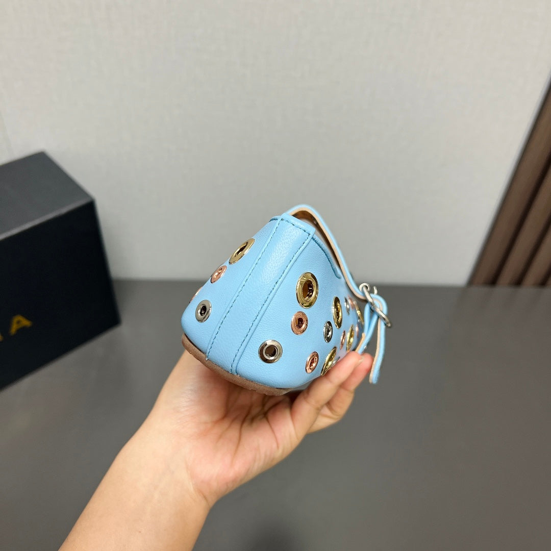 ALAIA MARY JANE SHOES IN LIGHT BLUE LAMBSKIN GOLD MIX SILVER HARDWARE - 35