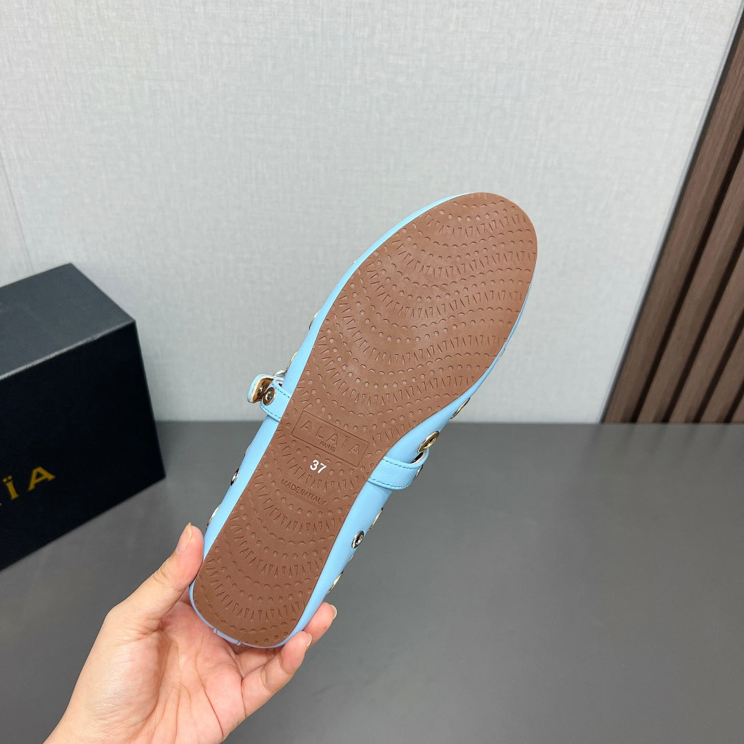 ALAIA MARY JANE SHOES IN LIGHT BLUE LAMBSKIN GOLD MIX SILVER HARDWARE - 35