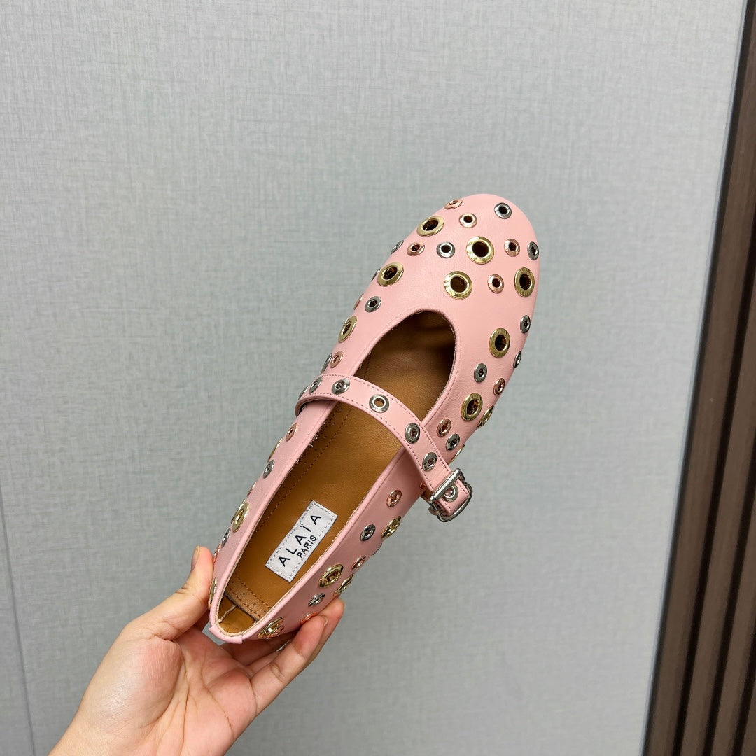 ALAIA MARY JANE SHOES IN LIGHT PINK LAMBSKIN GOLD MIX SILVER HARDWARE - 35