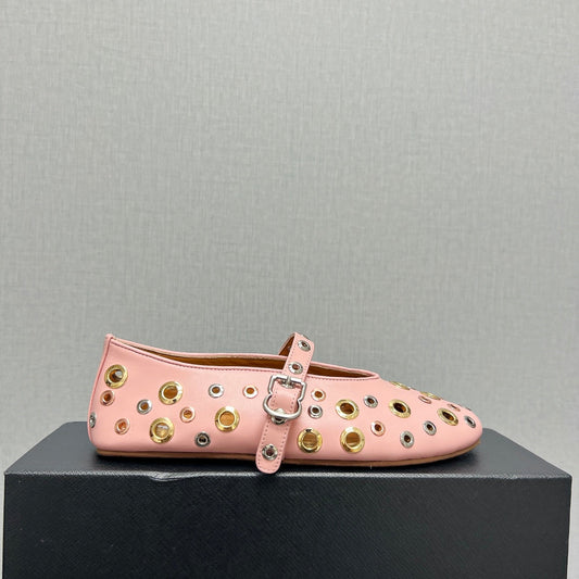 ALAIA MARY JANE SHOES IN LIGHT PINK LAMBSKIN GOLD MIX SILVER HARDWARE - 35