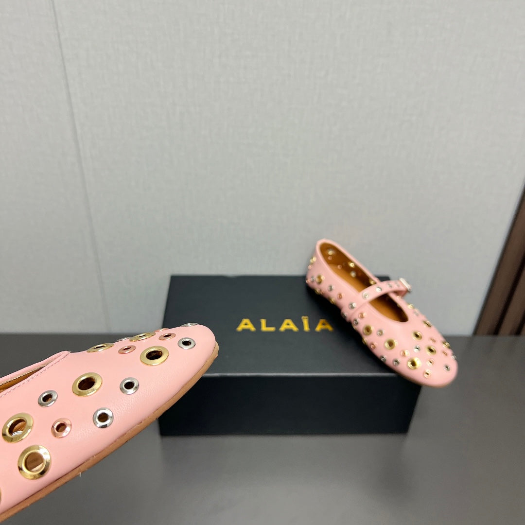 ALAIA MARY JANE SHOES IN LIGHT PINK LAMBSKIN GOLD MIX SILVER HARDWARE - 35