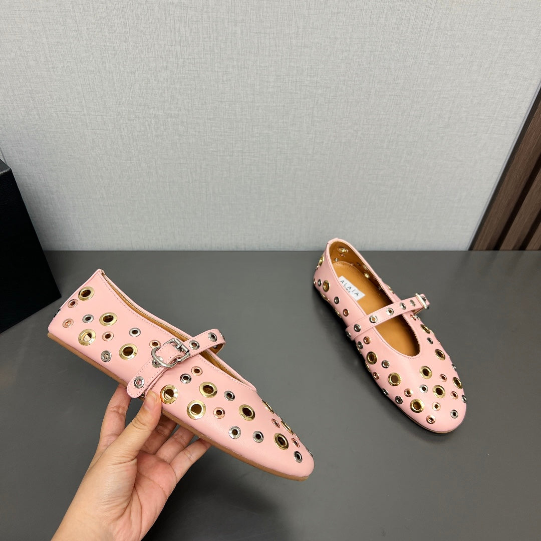 ALAIA MARY JANE SHOES IN LIGHT PINK LAMBSKIN GOLD MIX SILVER HARDWARE - 35