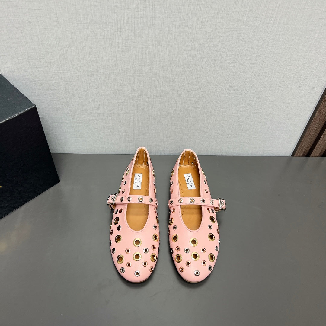 ALAIA MARY JANE SHOES IN LIGHT PINK LAMBSKIN GOLD MIX SILVER HARDWARE - 35