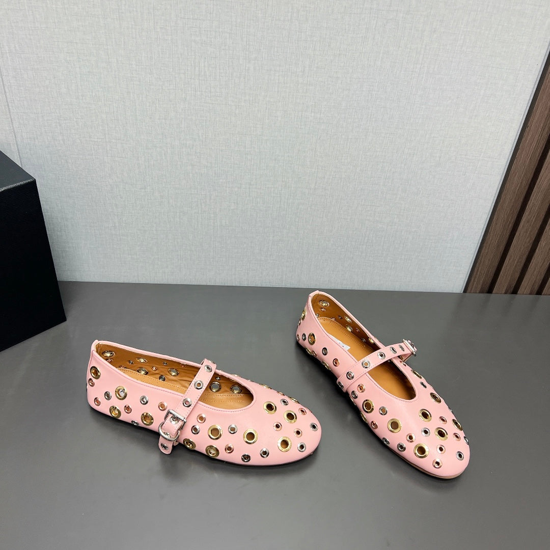 ALAIA MARY JANE SHOES IN LIGHT PINK LAMBSKIN GOLD MIX SILVER HARDWARE - 35