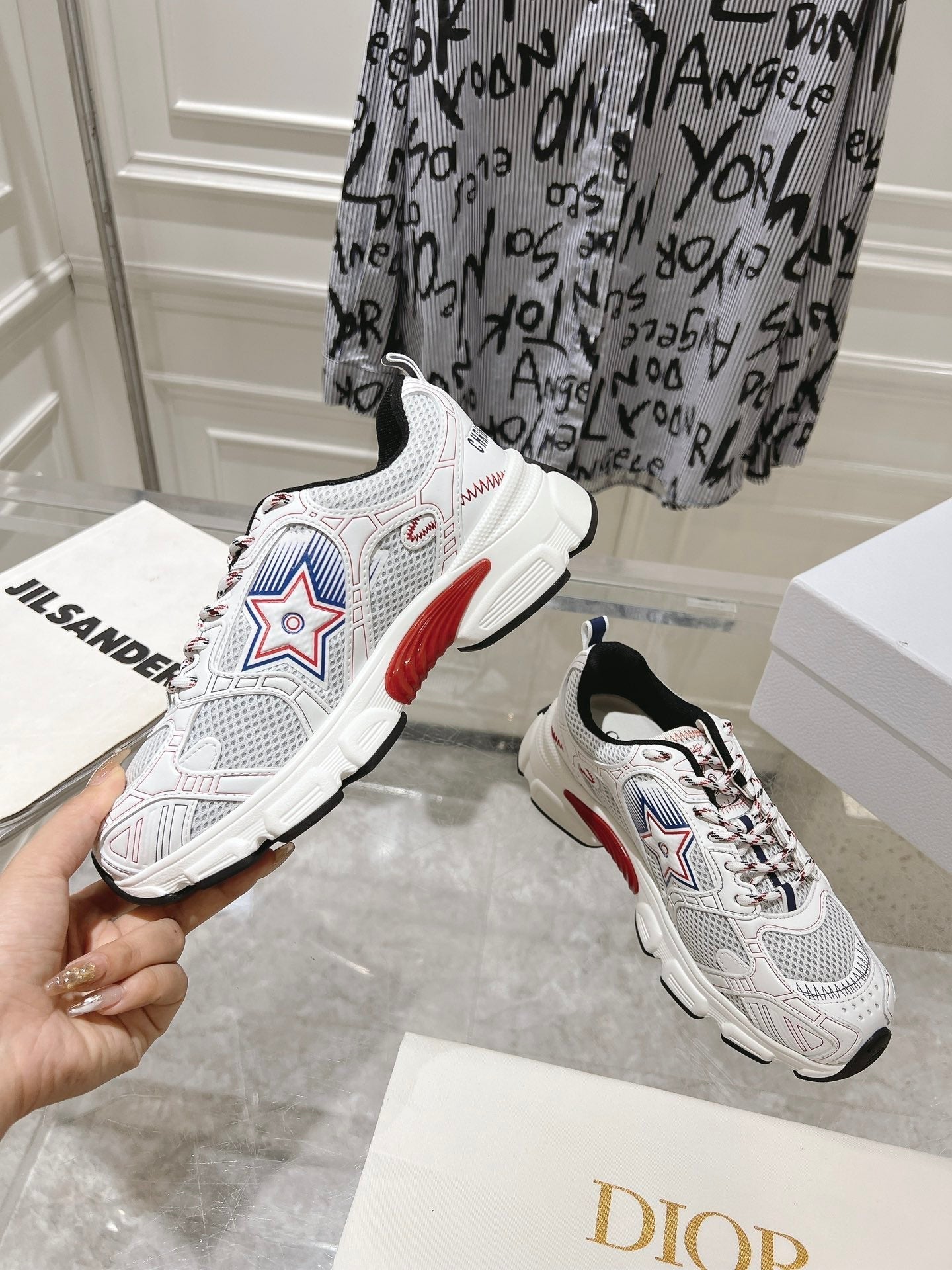 DIOR 25S CHRONO STAR FLATFORM SNEAKERS 45MM IN MESH WITH WHITE CALFSKIN - 35