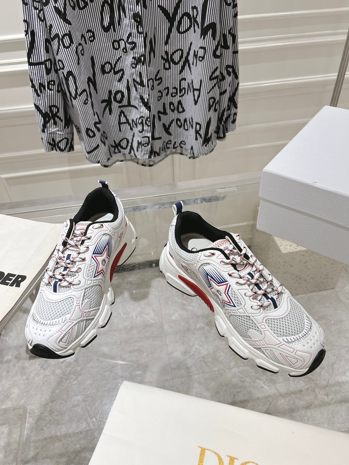 DIOR 25S CHRONO STAR FLATFORM SNEAKERS 45MM IN MESH WITH WHITE CALFSKIN - 35