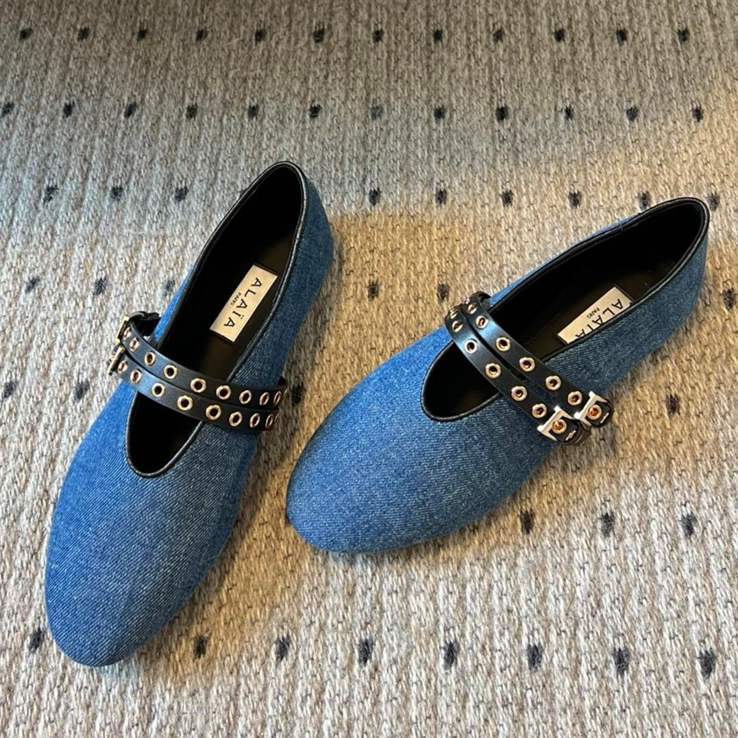 ALAIA MARY JANE SHOES IN CERULEAN BLUE ZP CUSTOM STRAW AND DENIM - 35