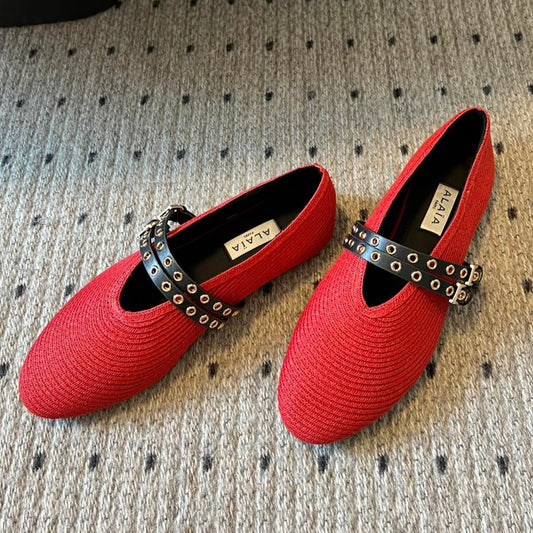 ALAIA MARY JANE SHOES IN CHERRY RED ZP CUSTOM STRAW AND DENIM - 35