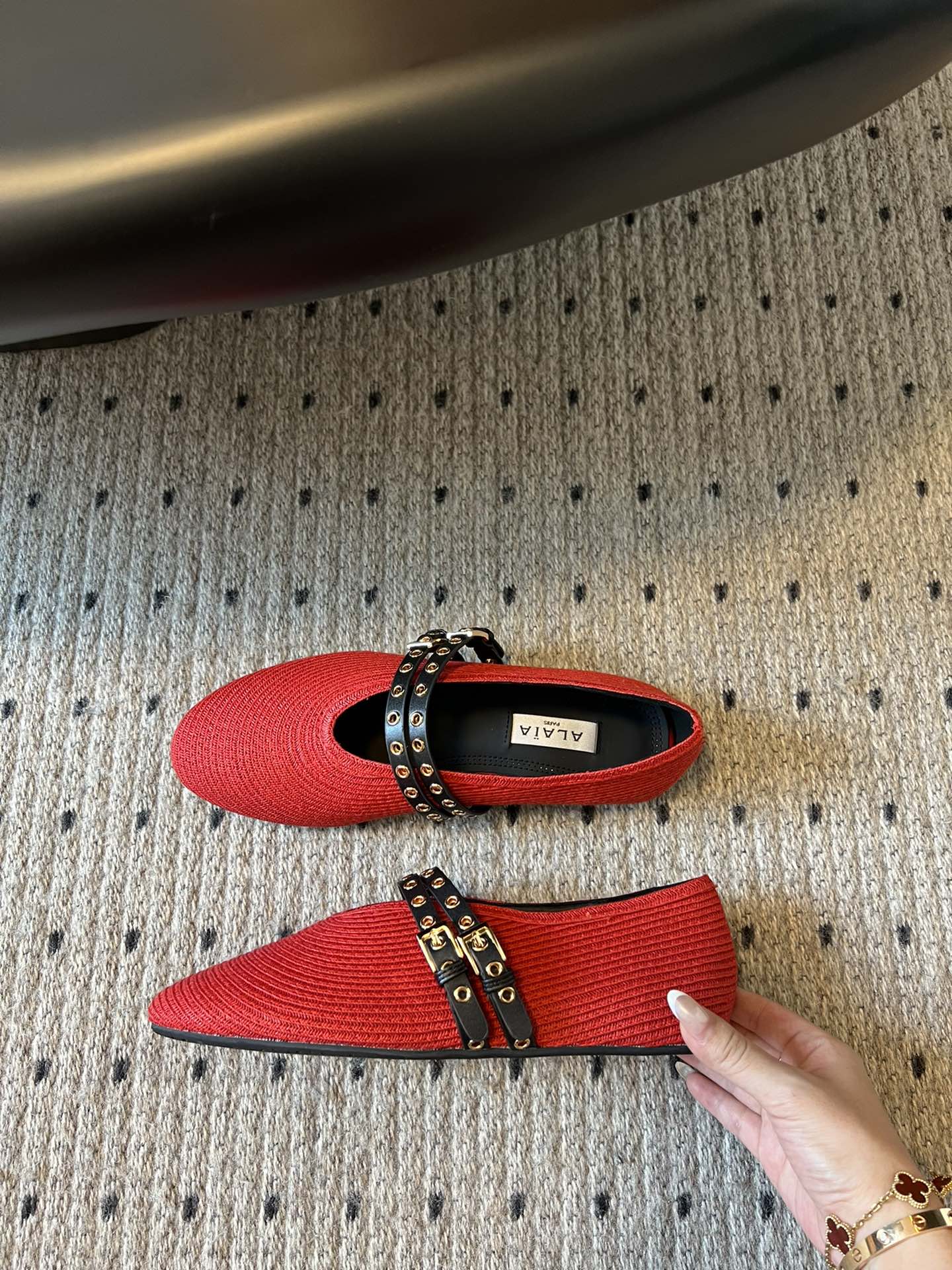 ALAIA MARY JANE SHOES IN CHERRY RED ZP CUSTOM STRAW AND DENIM - 35