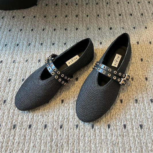 ALAIA MARY JANE SHOES IN BLACK ZP CUSTOM STRAW AND DENIM - 35