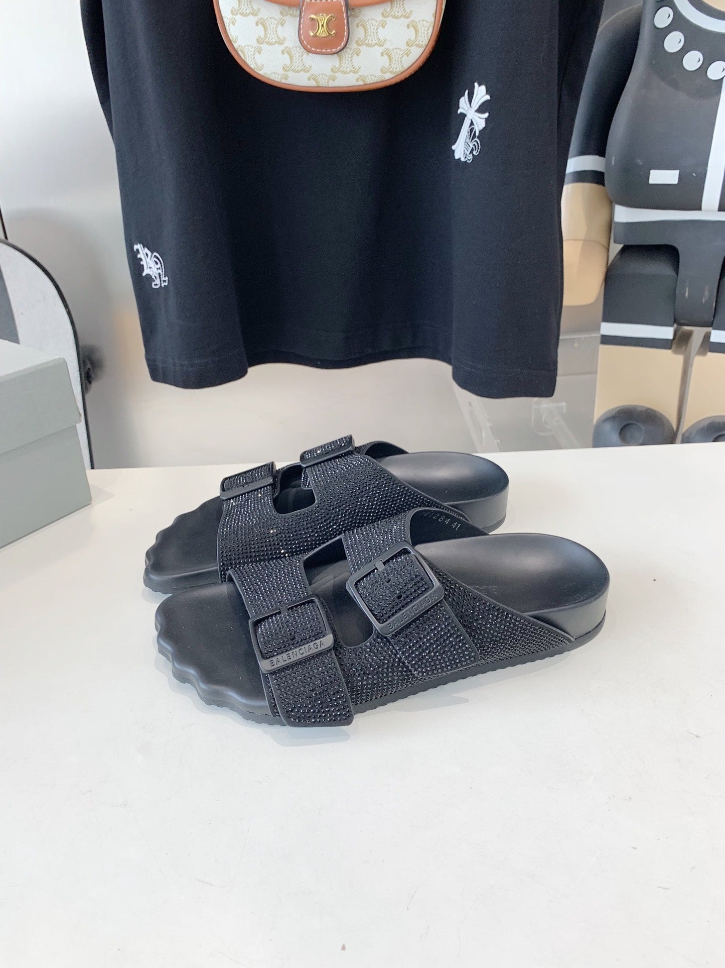 BIRKENSTOCK SLIPPERS ATTACHED RHINESTONES IN BLACK CALFSKIN - 36