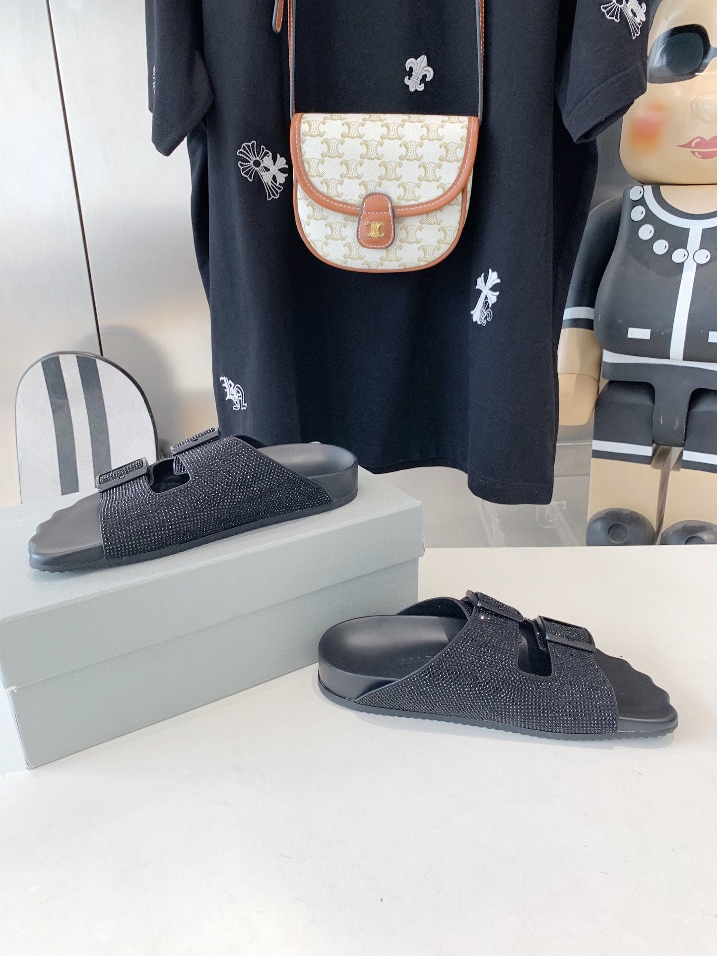 BIRKENSTOCK SLIPPERS ATTACHED RHINESTONES IN BLACK CALFSKIN - 36