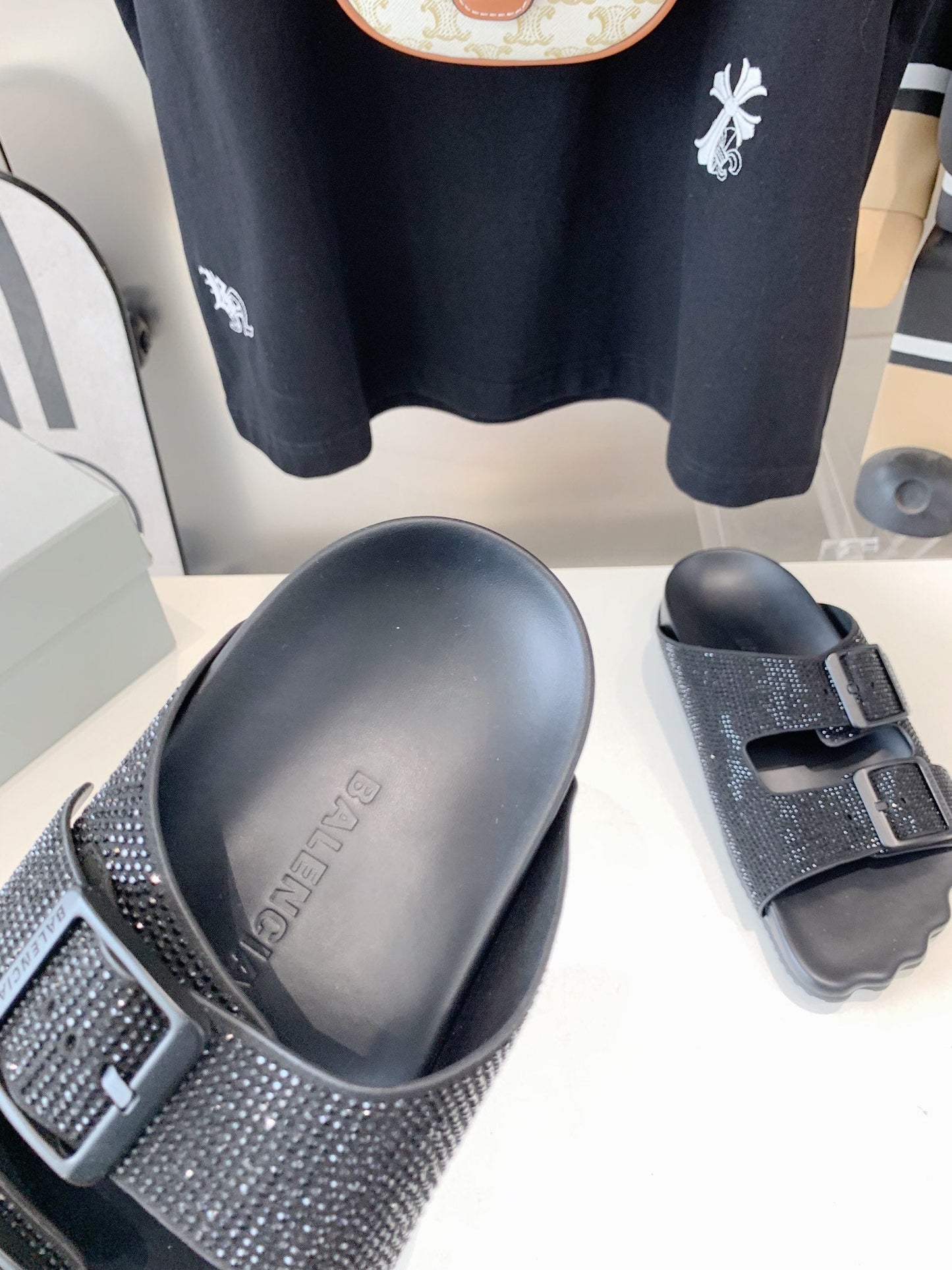 BIRKENSTOCK SLIPPERS ATTACHED RHINESTONES IN BLACK CALFSKIN - 36