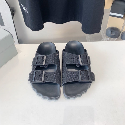 BIRKENSTOCK SLIPPERS ATTACHED RHINESTONES IN BLACK CALFSKIN - 36