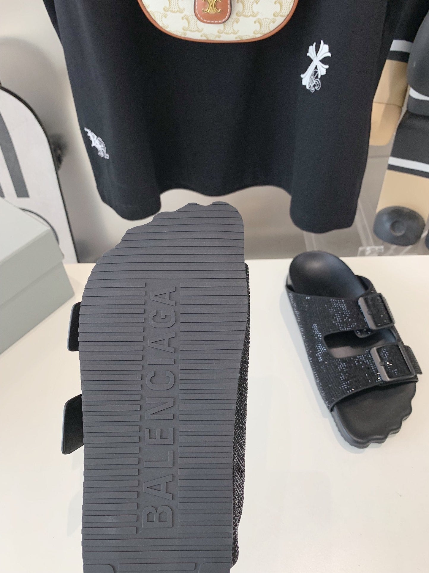 BIRKENSTOCK SLIPPERS ATTACHED RHINESTONES IN BLACK CALFSKIN - 36