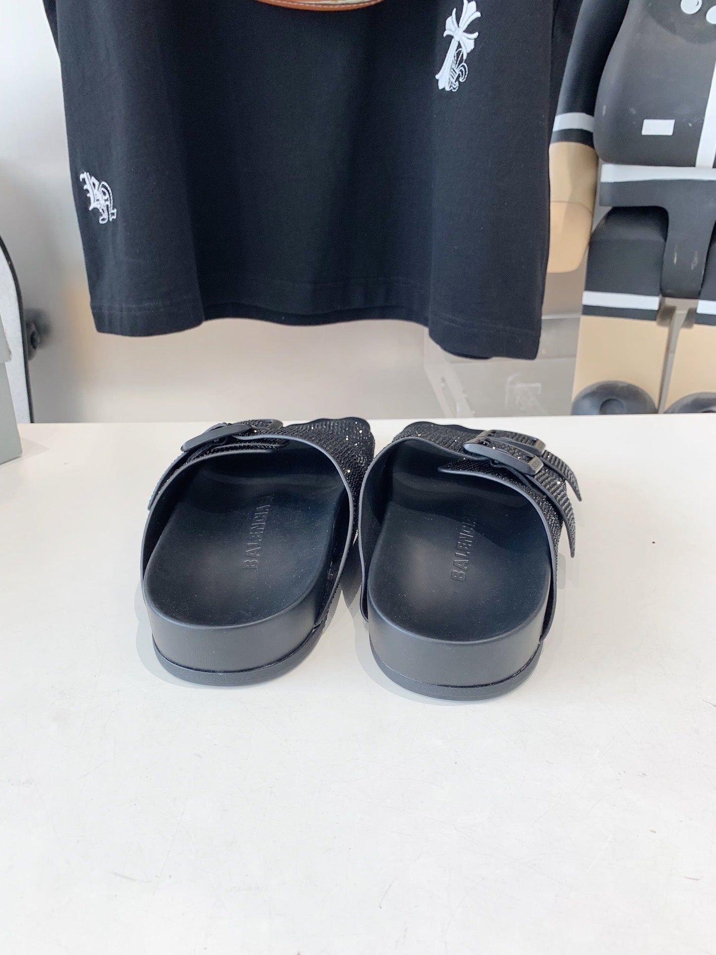 BIRKENSTOCK SLIPPERS ATTACHED RHINESTONES IN BLACK CALFSKIN - 36