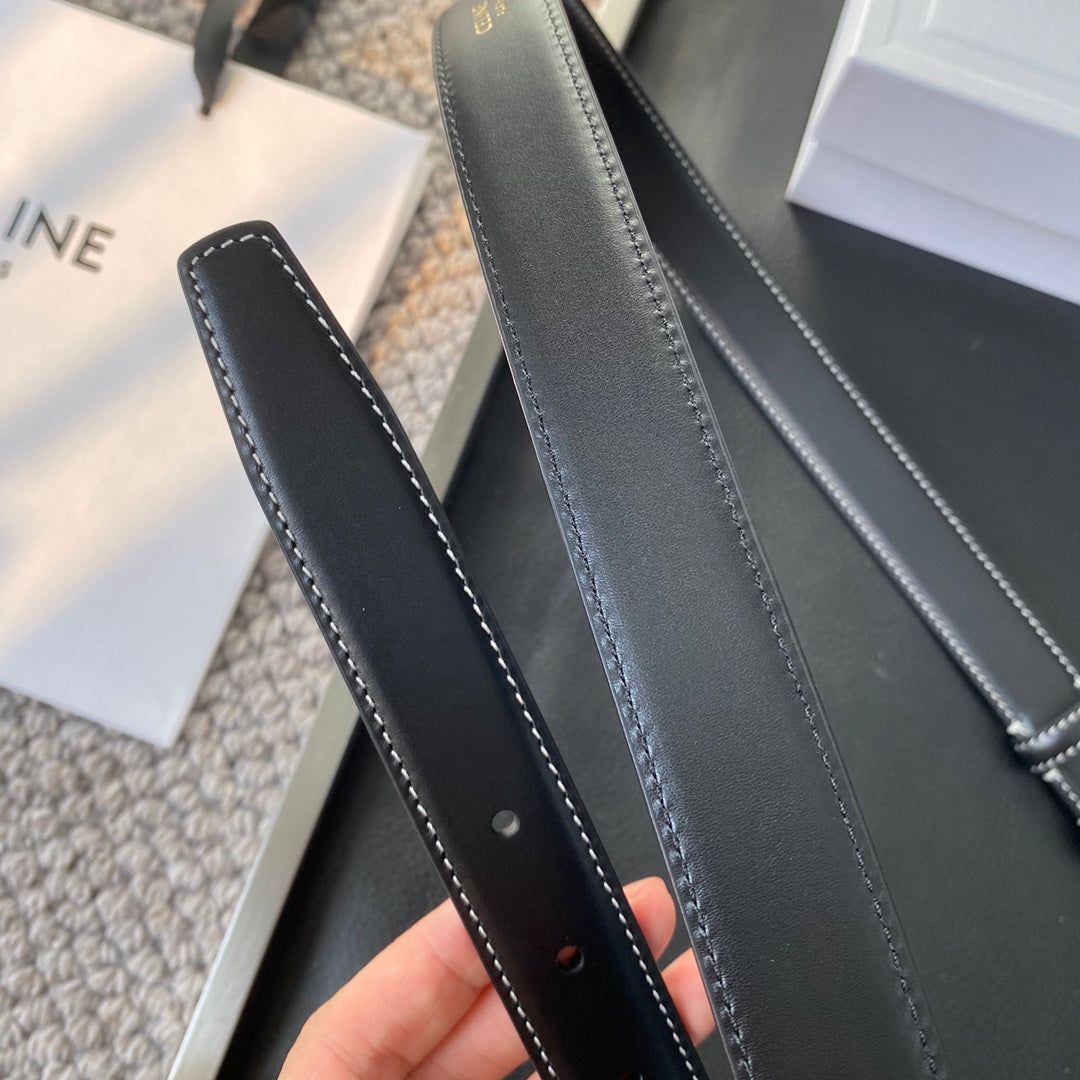 BELT 25MM IN BLACK REVERSIBLE ITALIAN CALFSKIN WITH VINTAGE GOLD BUCKLE WHITE STITCHING - 30