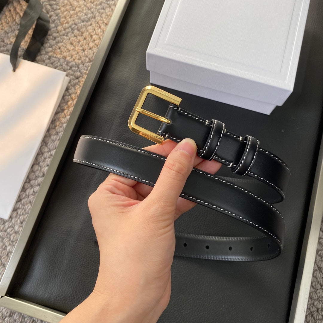BELT 25MM IN BLACK REVERSIBLE ITALIAN CALFSKIN WITH VINTAGE GOLD BUCKLE WHITE STITCHING - 30
