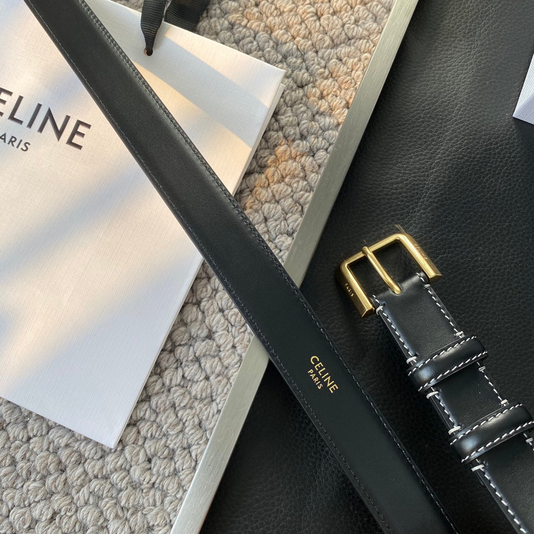 BELT 25MM IN BLACK REVERSIBLE ITALIAN CALFSKIN WITH VINTAGE GOLD BUCKLE WHITE STITCHING - 30