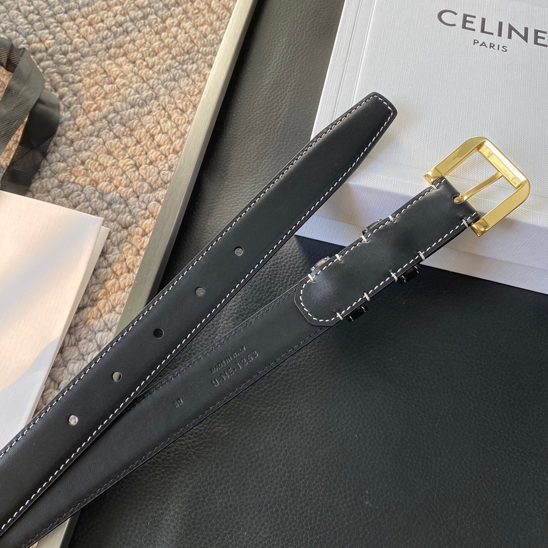 BELT 25MM IN BLACK REVERSIBLE ITALIAN CALFSKIN WITH VINTAGE GOLD BUCKLE WHITE STITCHING - 30