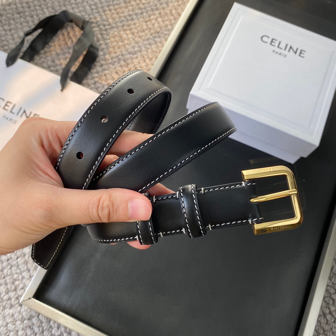 BELT 25MM IN BLACK REVERSIBLE ITALIAN CALFSKIN WITH VINTAGE GOLD BUCKLE WHITE STITCHING - 30