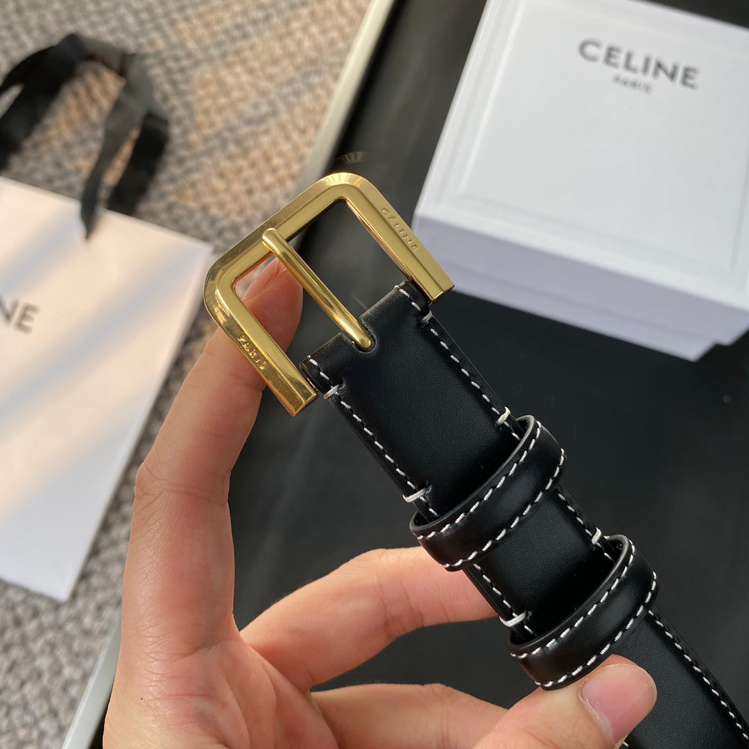 BELT 25MM IN BLACK REVERSIBLE ITALIAN CALFSKIN WITH VINTAGE GOLD BUCKLE WHITE STITCHING - 30