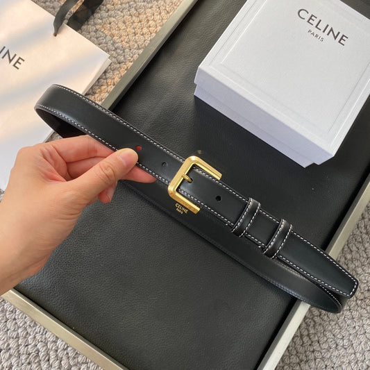 BELT 25MM IN BLACK REVERSIBLE ITALIAN CALFSKIN WITH VINTAGE GOLD BUCKLE WHITE STITCHING - 30