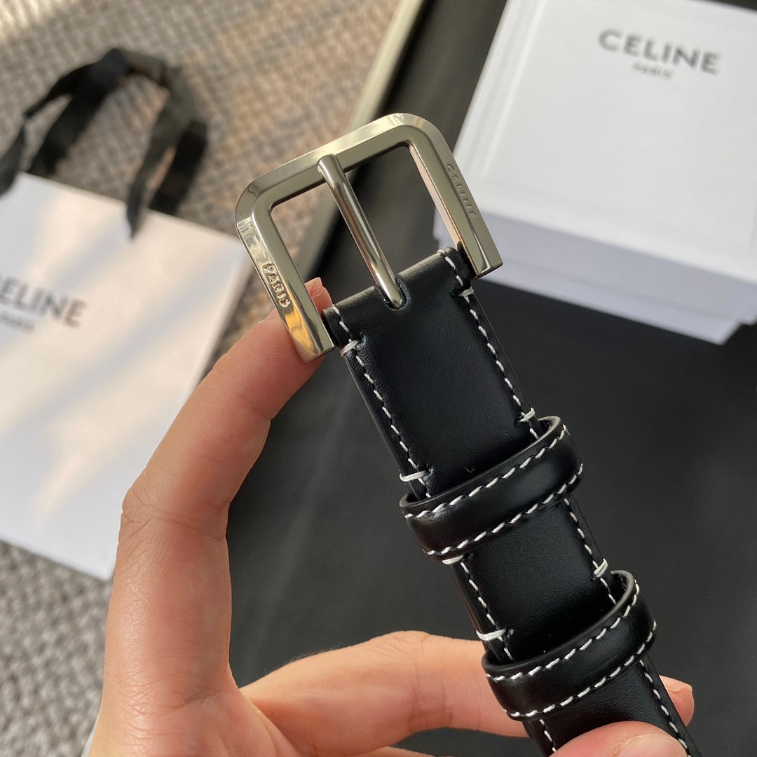 BELT 25MM IN BLACK REVERSIBLE ITALIAN CALFSKIN WITH VINTAGE SILVER BUCKLE WHITE STITCHING - 30