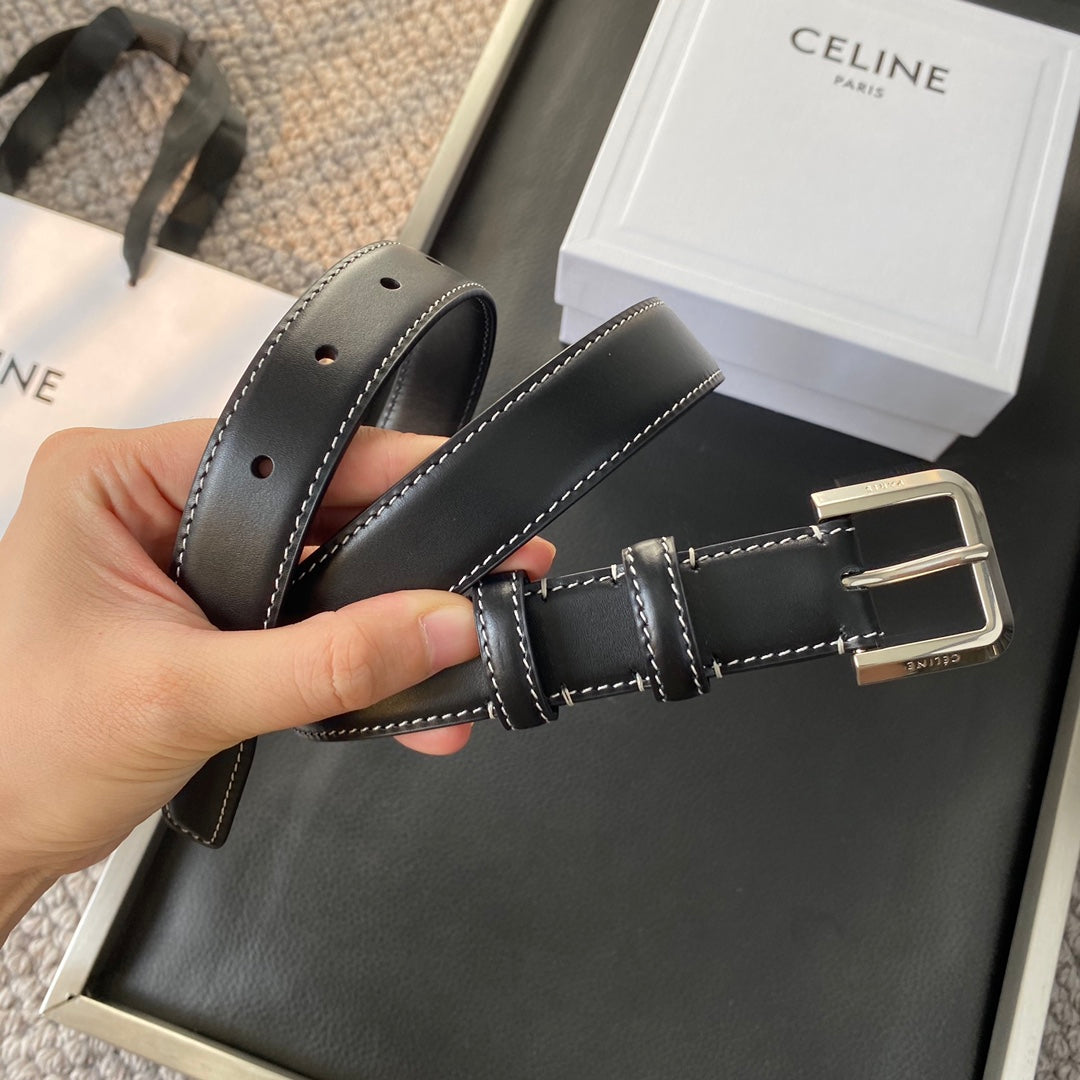 BELT 25MM IN BLACK REVERSIBLE ITALIAN CALFSKIN WITH VINTAGE SILVER BUCKLE WHITE STITCHING - 30