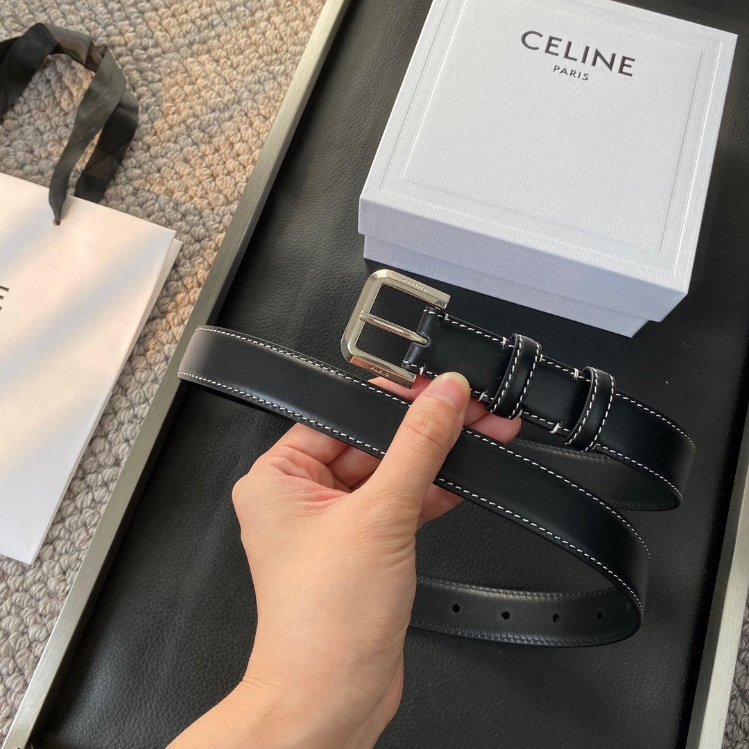 BELT 25MM IN BLACK REVERSIBLE ITALIAN CALFSKIN WITH VINTAGE SILVER BUCKLE WHITE STITCHING - 30